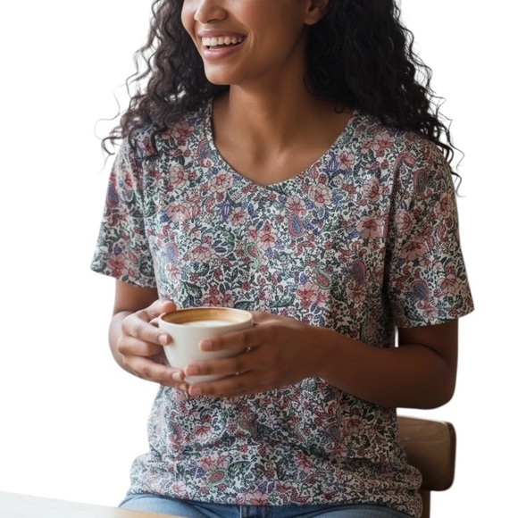 J. Jill Floral V-Neck Slub Pima Cotton Elbow Sleeve Tee 100% Pima Cotton S - Picture 7 of 8